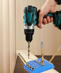 Knockout Accuracy Drill Guide Jig For 30 45 90 Degree Angles Rock Solid Aluminum Alloy Woodworking Clamp in use with drill.