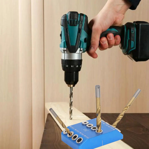 Knockout Accuracy Drill Guide Jig For 30 45 90 Degree Angles Rock Solid Aluminum Alloy Woodworking Clamp in use with drill.