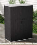 Weatherproof Resin Outdoor Storage Cabinet, 57 Cu Ft Vertical Shed on patio, Black, UV Protected, rain droplets visible