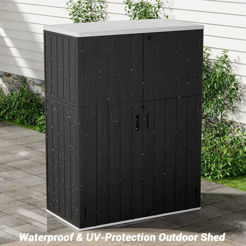 Weatherproof Resin Outdoor Storage Cabinet, 57 Cu Ft Vertical Shed on patio, Black, UV Protected, rain droplets visible
