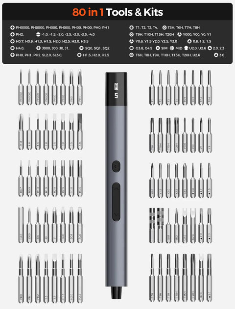 80-In-1 Mini Electric Precision Cordless Screwdriver With Five Torque Levels Up To 0.75 Nm And 500mAh Battery, shown with 80 bits.