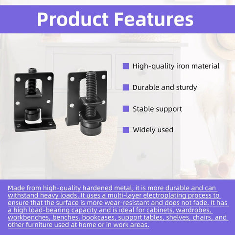 16 Piece Adjustable Leveling Feet Set For Cabinets, Wardrobes, And Tables, 2.2 Inch L Shaped Heavy Duty Metal Levelers With Screws And Wrench, Black Finish, Product Features Display