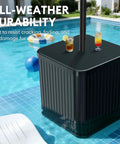 Umbrella Side Table With Hole For Outdoor Use 2 In 1 Table And Stand With Fillable Base next to swimming pool