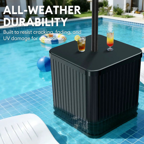 Umbrella Side Table With Hole For Outdoor Use 2 In 1 Table And Stand With Fillable Base next to swimming pool