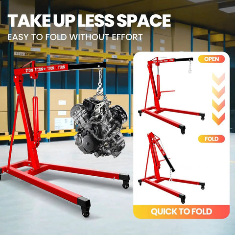 4400 Lb Heavy Duty Engine Crane And Hoist Cherry Picker with engine hoisted, featuring folding design and smooth casters.