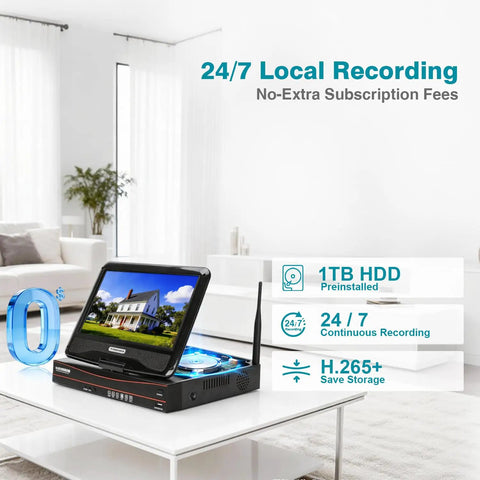 Expandable 10 Channel Wireless Security Camera System With 10.1 Inch Monitor 4 5MP Indoor Outdoor Cameras 1TB HDD in living room