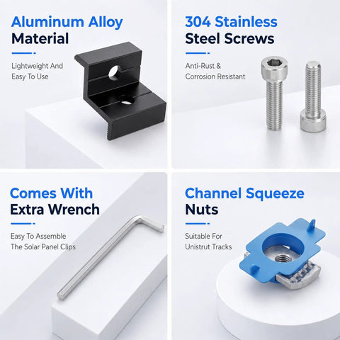 Heavy Duty Solar Panel End Clamp Kit With Anodized Aluminum Brackets And Stainless Screws For Rock Solid Roof Mounts, includes aluminum alloy mount, steel screws, wrench, and squeeze nuts.