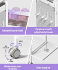 Features of 3 Tier Gym Storage Rack For Home Gym Multi Functional Weight Rack Dumbbell Rack Yoga Mat Holder With Side Basket And 6 Hooks Gym Equipment Organizer White including adjustable hooks, guard rails, wheels, and side basket.