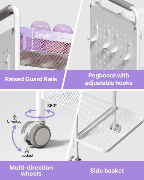 Features of 3 Tier Gym Storage Rack For Home Gym Multi Functional Weight Rack Dumbbell Rack Yoga Mat Holder With Side Basket And 6 Hooks Gym Equipment Organizer White including adjustable hooks, guard rails, wheels, and side basket.