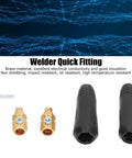 Heavy Duty Black Brass Welding Cable Quick Connectors Two Pack Rubber Shielded Hot Swap Power Plugs, components and fittings shown.