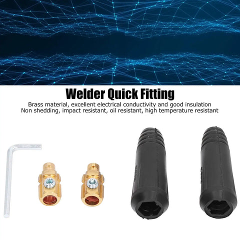 Heavy Duty Black Brass Welding Cable Quick Connectors Two Pack Rubber Shielded Hot Swap Power Plugs, components and fittings shown.