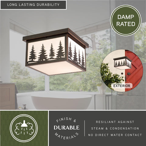 Rustic Burnished Bronze Flush Mount Ceiling Light With White Tiffany Glass installed in a bathroom, showcasing damp rated feature.