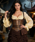 Absolutely Rad Renaissance Belt Pouch For Women, Dope Pirate Halloween Cosplay Hip Bag, extra large capacity in vintage sepia with a model.
