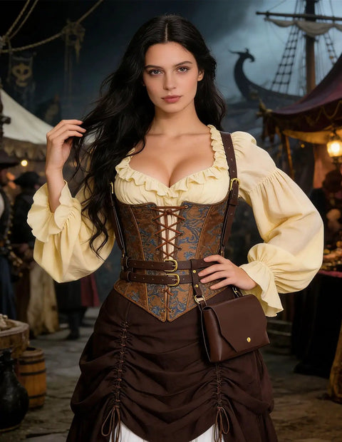 Absolutely Rad Renaissance Belt Pouch For Women, Dope Pirate Halloween Cosplay Hip Bag, extra large capacity in vintage sepia with a model.