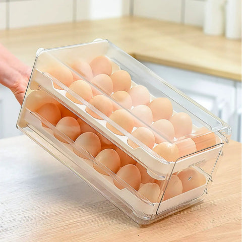 Clear Refrigerator Egg Holder For 36 Eggs Two Layer Egg Storage Drawer With 18 Slot Trays, white plastic showing eggs inside