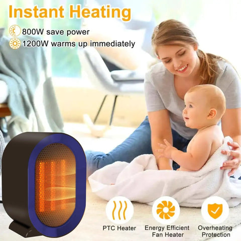 Matte Purple PTC Ceramic Space Heater with Thermostat Quick Heating, shown with family indoors, energy efficient design.