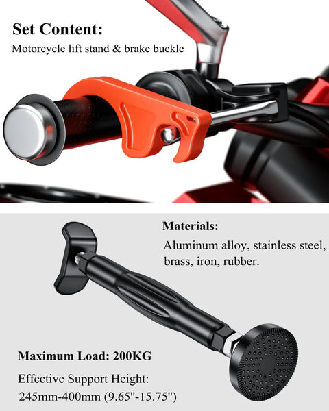 Motorcycle Wheel And Chain Cleaning Stand With Adjustable Height, showing brake buckle and lift stand details.