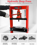 Beefy 12 Ton Hydraulic Shop Press Heavy Duty H Frame Garage Floor Press With Adjustable Work Table And Stamping Plates Industrial Grade Bearing Press shown with components.