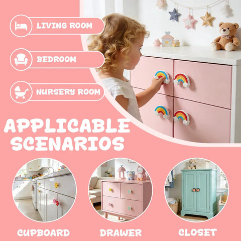 Totally Adorable Goofy Cartoon Drawer Knobs For Kids Room 6 Pack Ultra Soft Rubber Pull Handles on pink dresser in nursery.