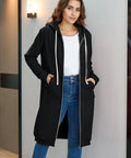 Woman wearing black Women Zip Up Hoodie With Pockets Cozy Fleece Sweatshirt Jacket Thick Oversized Long Sleeve Hoodie indoors.