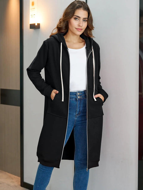 Woman wearing black Women Zip Up Hoodie With Pockets Cozy Fleece Sweatshirt Jacket Thick Oversized Long Sleeve Hoodie indoors.