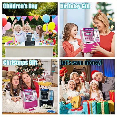 Children using Kids ATM Piggy Bank With Debit Card And PIN Digital Coin Counter And Bill Feeder Educational Savings Toy for celebration
