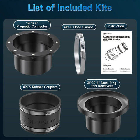 Slick Four Inch Magnetic Dust Collection Fittings Quick Swap Hose Adapter components including magnetic connector, rubber couplers, and clamps.