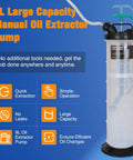Heavy Duty Manual Oil Extractor Pump With 9L Spill Free Jug For Quick Fluid Drainage And Coolant Swaps with clear body and ergonomic handle.