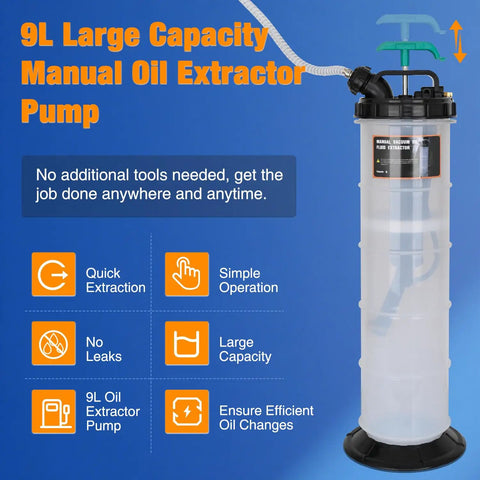 Heavy Duty Manual Oil Extractor Pump With 9L Spill Free Jug For Quick Fluid Drainage And Coolant Swaps with clear body and ergonomic handle.