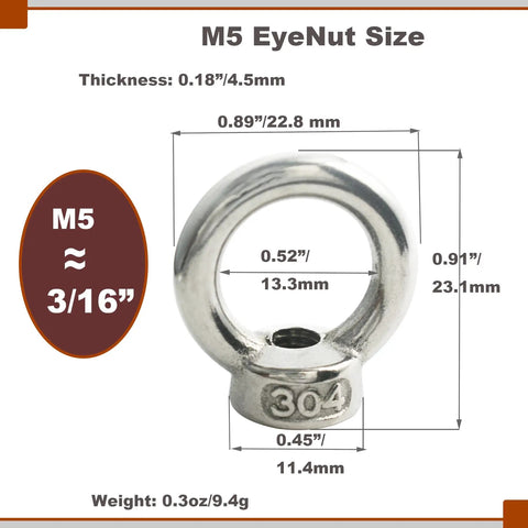 Stainless Steel M5 Lifting Eye Nuts With Three Sixteenth Inch Threads showing dimensions and ring shoulder design for mounting anchor points