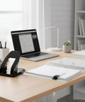Two Hole Punch With 30 Sheet Capacity on desk, ideal for home office, with binder and laptop, Workhorse Metal Paper Punch For Professional Use