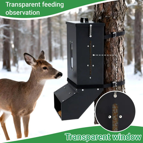 Heavy Duty 7 Gallon Gravity Deer Feeder Hanging Metal Box With Auto Dispenser Protein View Window Waterproof Galvanized Steel For Hunting Wildlife Trail Camera Ready Outdoor Durable Anti Rust Black