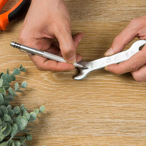 Using Tungsten Carbide Tip Scriber 2 Pack Hand Drill Aluminum Etching Engraving Pen With Clip And Magnet For Glass Ceramics Metal Sheets Plus 2 Extra Replacement Tips on wrench