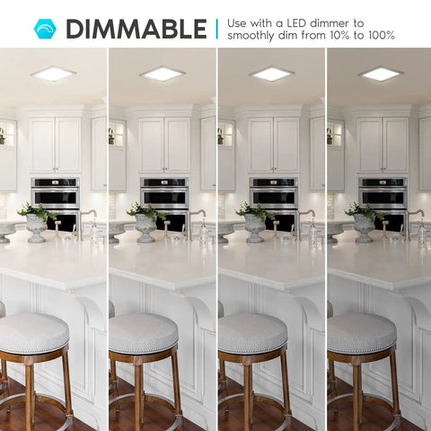 9 Inch Square LED Flush Mount Ceiling Light, Dimmable 18W, 1200 Lumens, Brushed Nickel Trim, Three Color Temperatures in kitchen