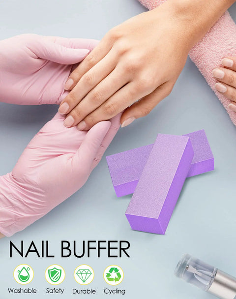 Pink-gloved hands using nail buffer block set for manicures and pedicures, medium and fine grit 100 180 finishing buffers, 3-way kit.