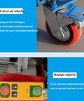 Heavy Duty Industrial Electric Lifting Cart With Wireless Remote Control showing universal caster wheels and remote operation features.
