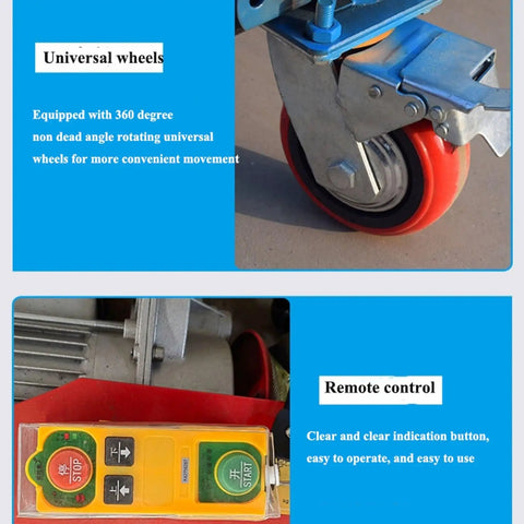 Heavy Duty Industrial Electric Lifting Cart With Wireless Remote Control showing universal caster wheels and remote operation features.