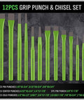 12pcs grip punch and chisel set with green handles on a black background