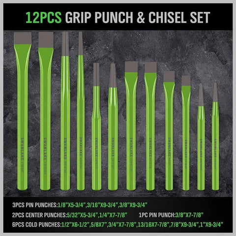 12pcs grip punch and chisel set with green handles on a black background