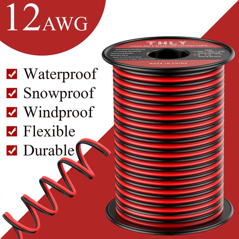 Beefy 100 Ft 12 Gauge Wire 2 Conductor Red And Black Electrical Cable for Low Voltage use, PVC jacket visible on spool