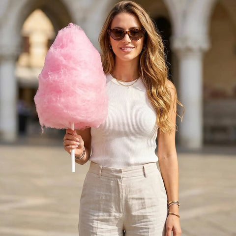 Woman holding large pink cotton candy on Cotton Candy Sticks And Paper Cones Pack 50 Pcs 11.8 Inch Candy Holder Sticks