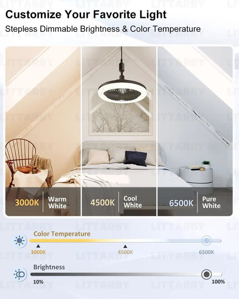No Wiring Easy Install Ceiling Fan With Light Remote Control Dimmable LED 3 Color Temperatures From 3000K To 6500K Screw In Design Fits Standard E26 E27 Socket Bright Ambient Light And Strong Breeze For Bedroom Kitchen Closet displayed in bedroom.