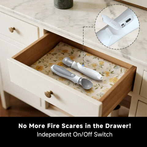 Rechargeable Heated Ice Cream Scoop With On Off Safety Lock Switch in drawer with close-up of switch.