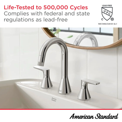 Colony Pro Single Handle Bathroom Faucet With 1.2 GPM Flow Polished Chrome in sink setup with round mirror background