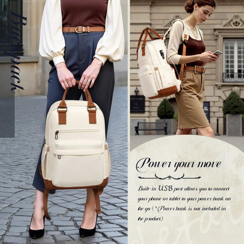 Two women using a stylish white backpack with built-in USB port, ideal for on-the-go charging; matches brown and cream outfits.