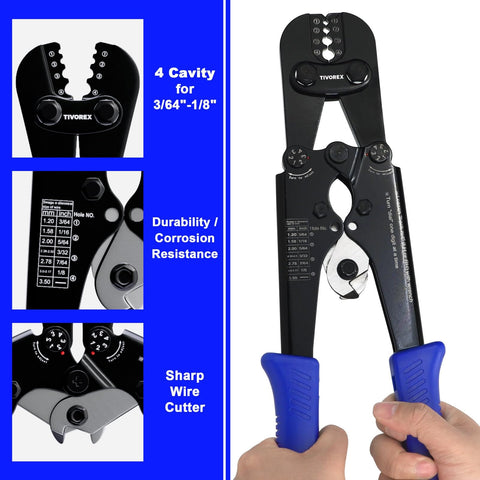 Wire Rope Crimping Tool Kit With Built In Cutter And Swaging Tool Pro Grade Crimp Loop Sleeve From 3 64 Inch To 1 8 Inch