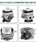 Carburetor Kit For Ryobi 25cc Gas String Trimmer RY252CS Replacement Part For 2 Cycle Weedeater Tools front and side views.