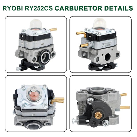 Carburetor Kit For Ryobi 25cc Gas String Trimmer RY252CS Replacement Part For 2 Cycle Weedeater Tools front and side views.