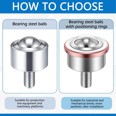 Heavy Duty 1 Inch Steel Ball Transfer Roller Casters 4 Pack With Threaded Stem, 1760 Lbs Max Load Capacity showing steel ball options.