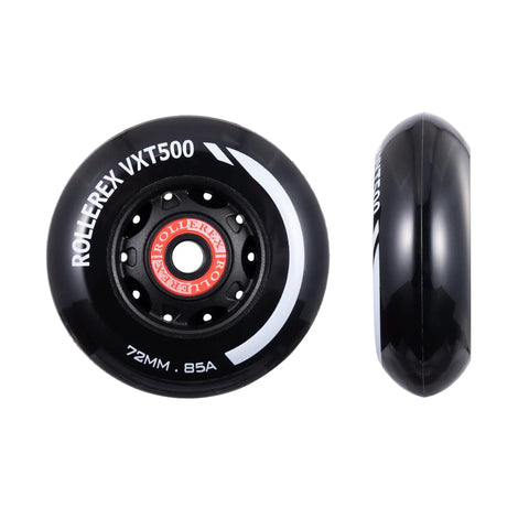 VXT500 Inline Skate Wheels 4 Pack With Optional Bearings Spacers And Washers Durable Replacement Roller Blade Wheels For Indoor And Outdoor Skating 72mm Steel Black, showing front and side view of black wheel.